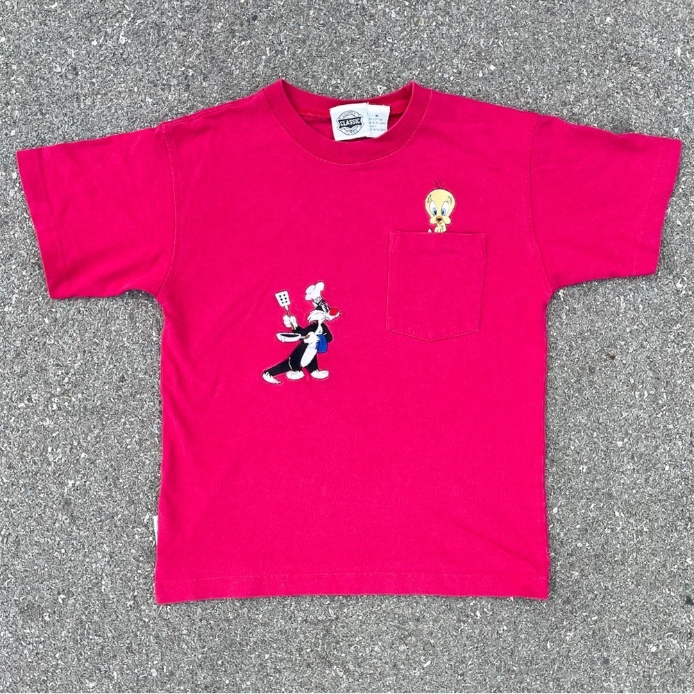 Tweety Sylvester Vtg 1995 Looney Tunes Warner Bros Pocket T-shirt Youth Size (M)